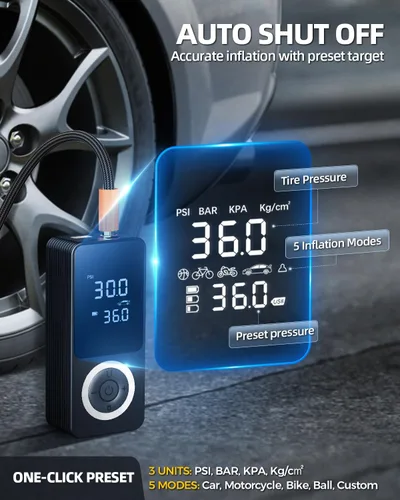 Miniatura 4 de Inflador de neumáticos inalámbrico, compresor de aire portátil, bomba de aire inteligente para neumáticos de automóvil con medidor de presión