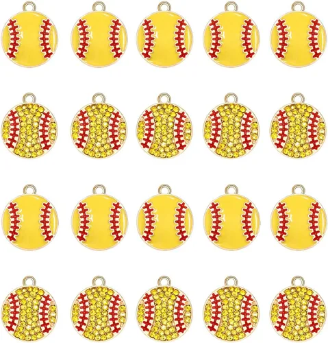 Miniatura 20 de 20 piezas de dijes deportivos de esmalte, colgantes de baloncesto y béisbol para hacer joyas, dijes de juego de pelota con strass, dijes de softball