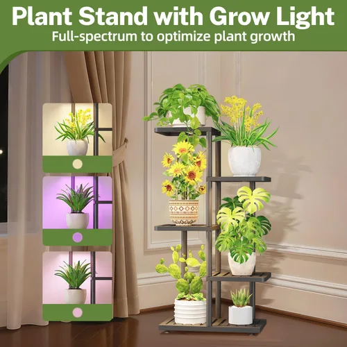 Miniatura 5 de iDavosic.ly Soporte para plantas con luz de cultivo para interiores y exteriores, estante de flores de metal de 4 niveles para macetas grandes
