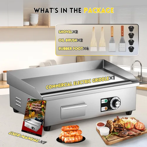 Miniatura 7 de Moogiantgo - Plancha eléctrica comercial de 22 pulgadas, 1600 W, antiadherente para encimera, acero inoxidable, caja de aceite extraíble, Plano