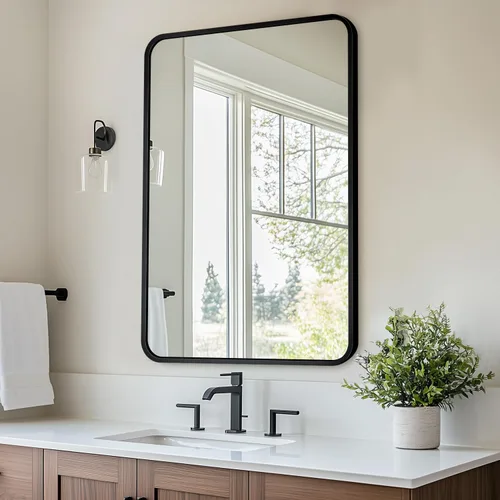 Antok Espejo de baño con marco de metal negro de 22 x 30 pulgadas, espejo de pared con esquinas redondas, espejo de tocador para sobre el fregadero,