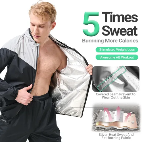 Miniatura 2 de BVVU Traje de sauna para hombre, con cremallera, con capucha, chaqueta de sauna, pantalones, gimnasio, entrenamiento, cuerpo completo