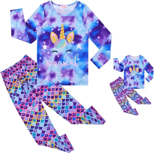 Miniatura 89 de QPANCY Conjunto de pijamas a juego para niñas y muñecas, pijamas de manga larga para otoño e invierno