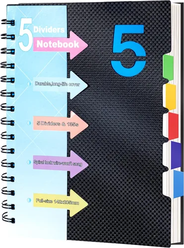 Miniatura 20 de CAGIE- Cuaderno pequeño universitario con tapa en espiral, A5 de 5 x 7 pulgadas, con pestañas separadoras extraíbles para 5 materias, 220 páginas