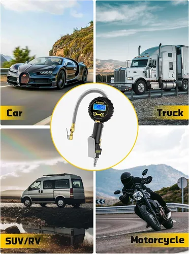 Miniatura 7 de AZUNO Inflador digital de neumáticos con medidor de presión, accesorios de compresor de aire de alta resistencia de 200 PSI, con bloqueo de manguera
