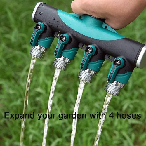 Miniatura 5 de Divisor de manguera de jardín de 4 vías – 3/4 pulgadas resistente de metal para grifo de agua con válvulas de cierre, conectores de manguera a