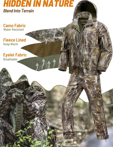 Miniatura 2 de NEW VIEW Ropa de caza de camuflaje para hombres, forro polar cálido y silencioso, chaqueta y pantalones de caza de ciervos para clima frío