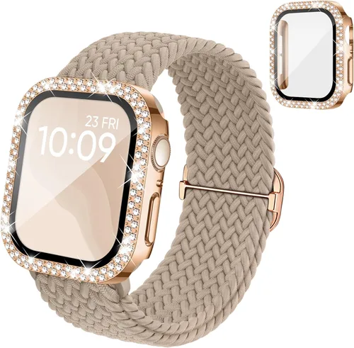 Miniatura 10 de Correa trenzada elástica compatible para bandas de Apple Watch para mujeres y estuche de 40 mm, 41 mm, 42 mm, 44 mm, 45 mm, 46 mm, protector