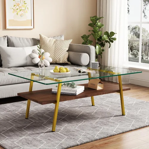 Miniatura 10 de IANIYA - Mesa de centro moderna de cristal, mesa de centro pequeña de mediados de siglo, mesa de centro para sala de estar con estantes de madera