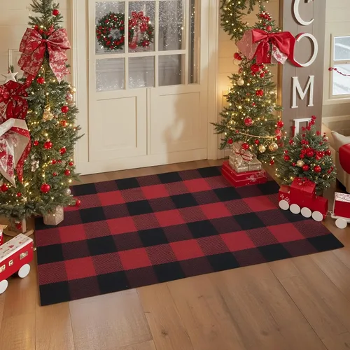 Miniatura 3 de SEEKSEE Alfombra de algodón a cuadros de 27.5 x 43 pulgadas, color negro y rojo, lavable, para interiores y exteriores, para puertas delanteras