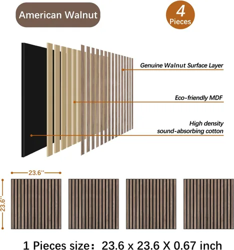 Miniatura 2 de Panel de Pared de Listones de Madera - 4 PCS Paneles de Madera de Nogal para Pared, Paneles de Pared de Listones de Madera Acústica de Chapa de Nuez