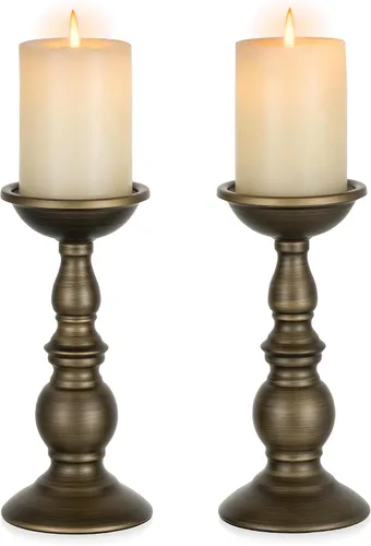 Miniatura 15 de Nuptio Portavelas negro para velas de pilar - Juego de 2 portavelas rústicos Soporte de velas de metal alto Portavelas de pilar retro de otoño