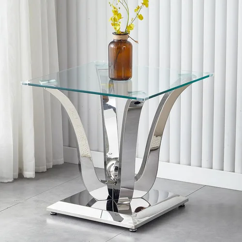 Miniatura 12 de Mesa auxiliar de cristal dorado, mesa auxiliar de lujo con base de acero inoxidable con acabado espejo y parte superior de vidrio templado, mesa