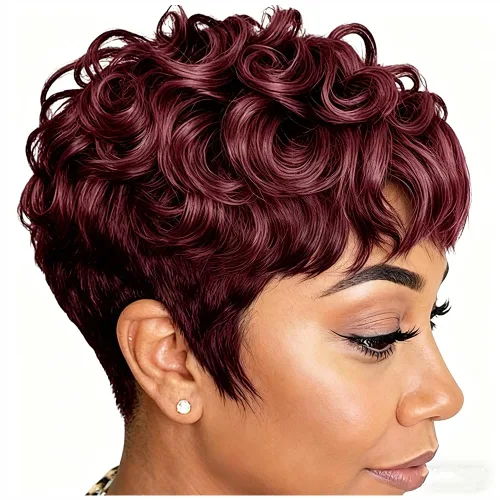 Miniatura 13 de Pelucas cortas de corte Pixie negro natural para mujeres negras, pelucas de cabello rizado de repuesto, peluca corta negra en capas con flequillo