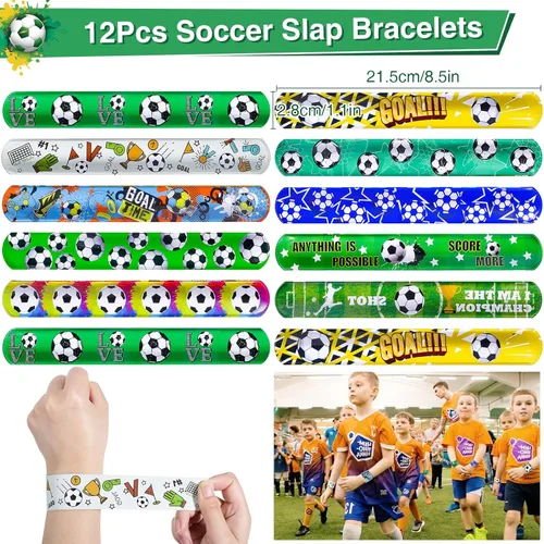 Miniatura 4 de Winrayk Juego de 12 regalos de fiesta de fútbol para niños, suministros de cumpleaños deportivos, bolsas de regalo no tejidas, pulsera de palmada