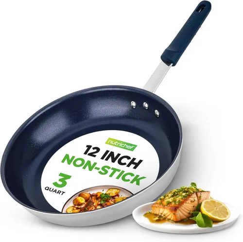 NutriChef f Sartén grande de 12 pulgadas, sartén antiadherente grande con mango de silicona, revestimiento de cerámica, mango de silicona azul,