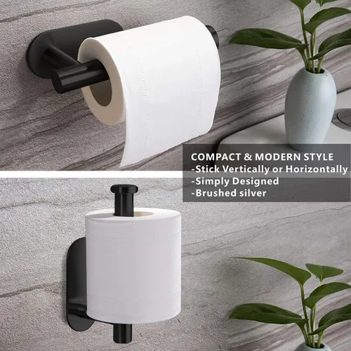 Miniatura 4 de Soporte para papel higiénico autoadhesivo, sin taladrar para baño, baño, baño, soporte de pared, acero inoxidable (negro)