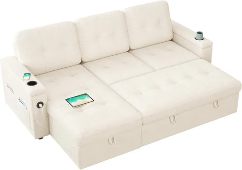 Miniatura 6 de PaPaJet Sofá cama modular de 84 pulgadas, sofá cama extraíble con diván de almacenamiento, sofá cama convertible copetudo con 2 USB y portavasos