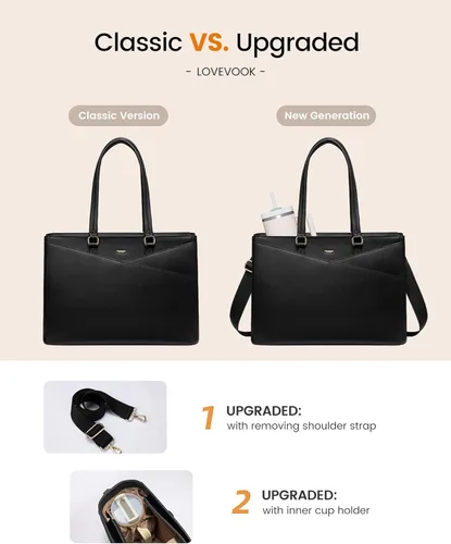 Miniatura 4 de LOVEVOOK Bolsa de mano para computadora portátil para mujer, bolsas de trabajo de cuero de 15.6 pulgadas con soporte grande para tazas para Negro