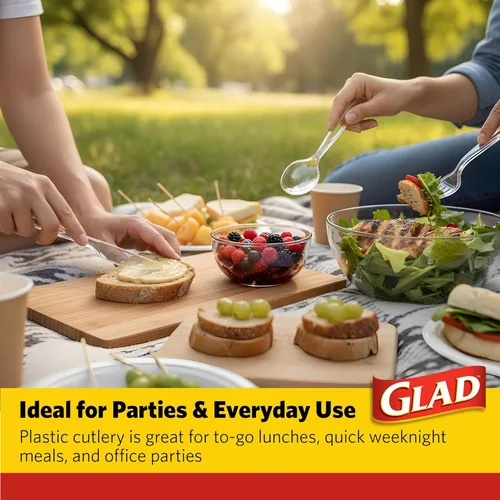 Miniatura 4 de Glad Juego de cubiertos desechables transparentes con tenedores, cuchillos y cucharas de plástico resistente, utensilios de plástico reutilizables