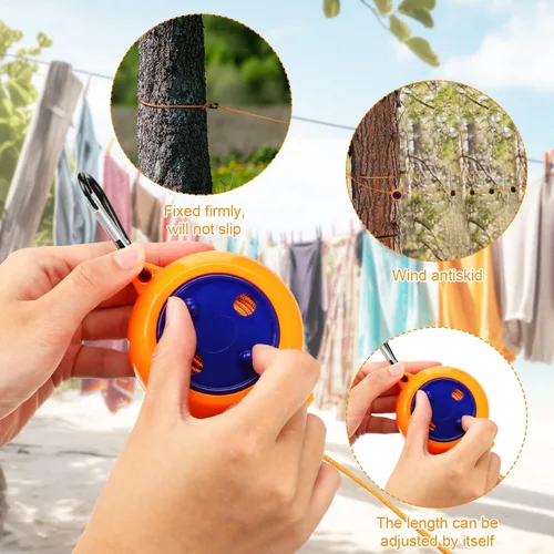 Miniatura 3 de Windyun Cuerda de ropa de viaje portátil ajustable de 26 pies, cuerda de secado de lavandería con 24 pinzas coloridas a prueba de viento, 24