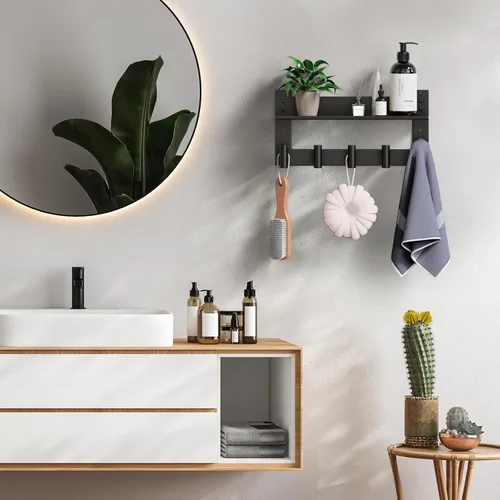 Miniatura 2 de VAEHOLD Perchero de pared con ganchos de pared con ganchos de pared superior e inferior doble estante de entrada con 5 ganchos de acero inoxidable