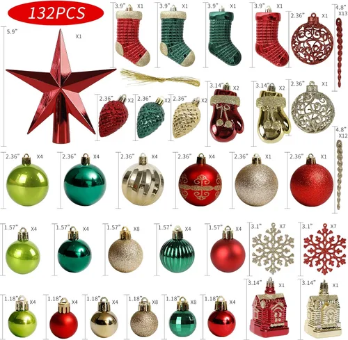 Miniatura 2 de ROSELEAF Juego de 132 piezas de decoración para árbol de Navidad, adornos colgantes inastillables en rojo, verde y dorado, estilo de arte popular