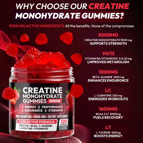 Miniatura 3 de Gomitas de creatina compleja monohidrato, gomitas masticables de monohidrato de creatina para hombres y mujeres con L-taurina, BCAA 2:1, B12/6