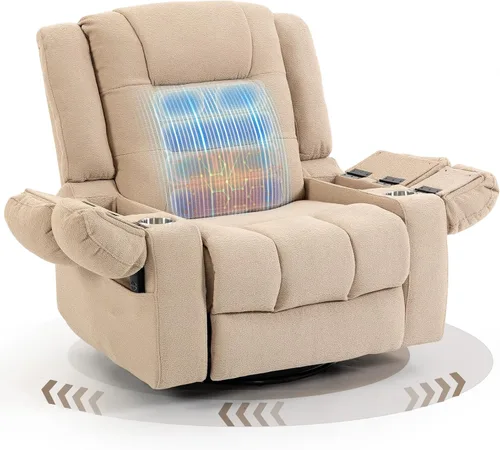 SINCRUMI Silla reclinable eléctrica con bolsas de aire, masaje y calor, mecedora giratoria con cargador de puerto USB y tipo C, almacenamiento para