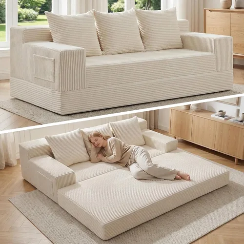 Sofá cama convertible de 78 pulgadas, sofá futón plegable de esponja de alta densidad, sofá sin hueso, sofá cama de 3 plazas con 3 almohadas para
