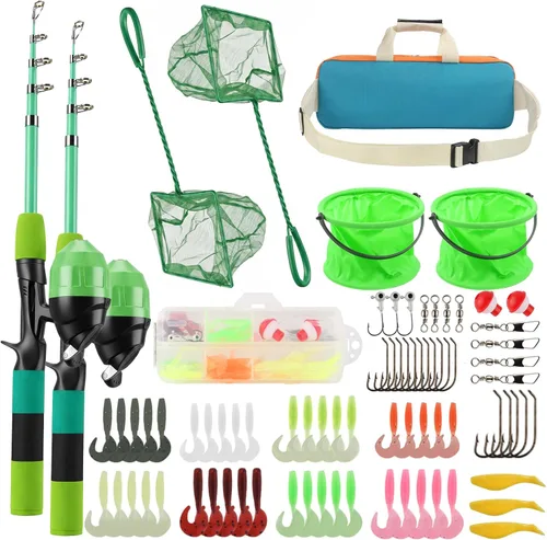 Combo de carrete de caña de pescar para niños, 4.92 pies/5.9 pies, 2 piezas de caña de pescar telescópica con accesorios de pesca, kit de inicio de