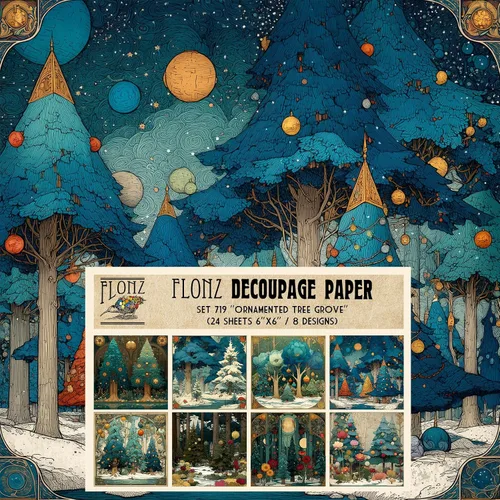 Miniatura 6 de Decoupage - Paquete de papel (24 hojas de 6 x 6 pulgadas), místico bosque nevado ~ árboles estilizados en colores profundos de invierno, cielos