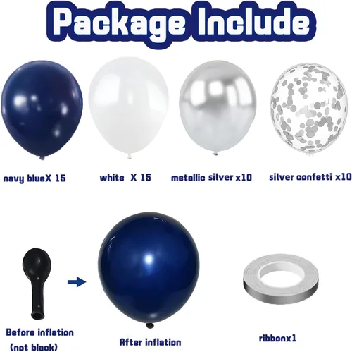Miniatura 3 de Kit de globos azul marino plateado, 50 piezas de globos de 12 pulgadas azul real oscuro metálico plateado blanco con globos de látex con confeti