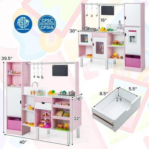 Miniatura 6 de Costzon Juego de cocina 2 en 1 para niños y tienda de comestibles, cocina de juego de simulación de doble cara con luz y sonido, máquina de hielo