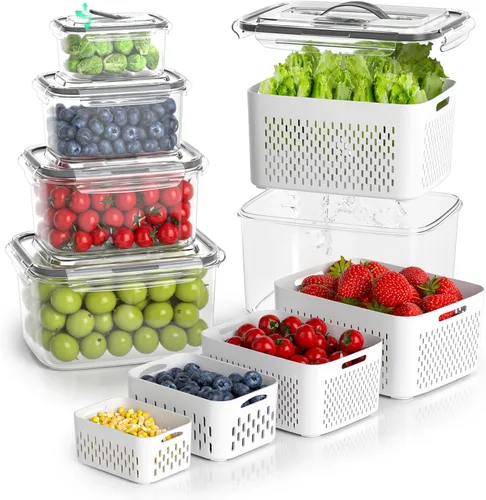 BOICHU Recipientes de almacenamiento de frutas para refrigerador, 5 tamaños de bayas, para refrigerador, mantiene fresco con coladores y tapas de