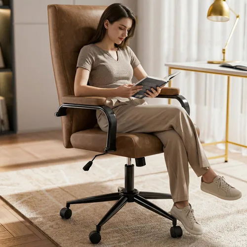 Miniatura 12 de GXJ Silla de oficina blanca y dorada de espuma viscoelástica, sillas de escritorio de cuero blanco con ruedas y brazos, silla de oficina ejecutiva