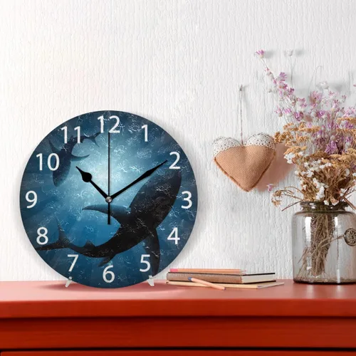 Miniatura 2 de senya Reloj de pared redondo de tiburones bajo el agua, pintura al óleo silenciosa sin tictac, decorativo para el hogar, oficina, escuela, reloj