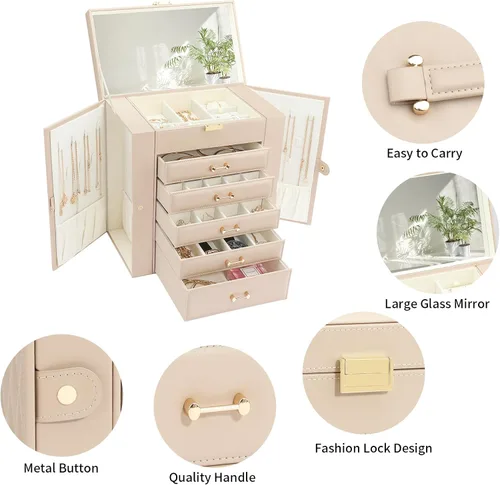 Miniatura 2 de Organizador grande para joyas, caja de joyería de 6 capas para mujer, estuche de almacenamiento de joyas con asa, regalo para Navidad, Año Nuevo