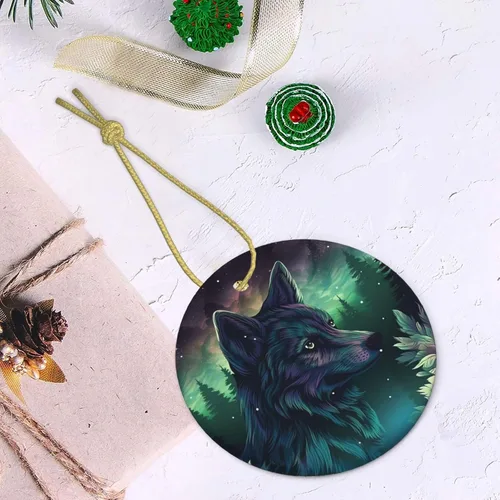 Miniatura 4 de Adornos de cerámica para árbol de Navidad, diseño de lobo del bosque, adornos redondos de cerámica, divertidas decoraciones de Navidad, colgantes