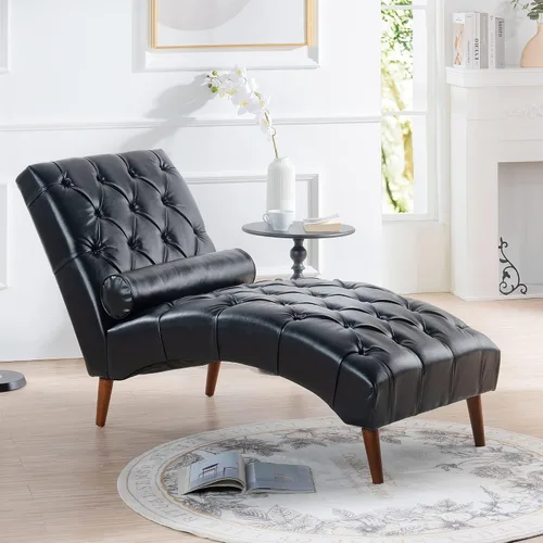 Faux Leather Chaise Lounge Indoor with Toss Pillow, Modern Chaise Lounge Chair, Upholstered PU Armless Ergonomic Chairs with Tufted Buttons for