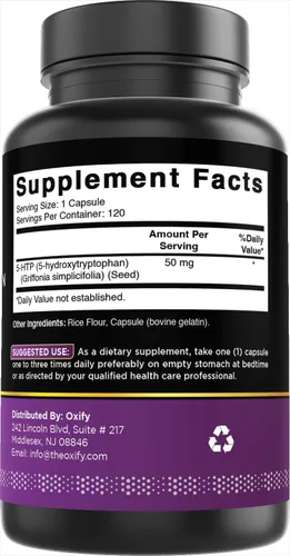 Miniatura 5 de Oxify 5-HTP 5-hidroxitriptófano 50 mg 120 cápsulas Sin gluten, sin OMG Suplemento fabricado en Estados Unidos