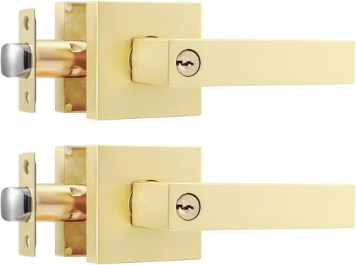 Leydebong Paquete de 2 pomos de puerta de entrada con llave igual, pomo de puerta con cerradura y llave, manijas de puerta doradas para exterior e