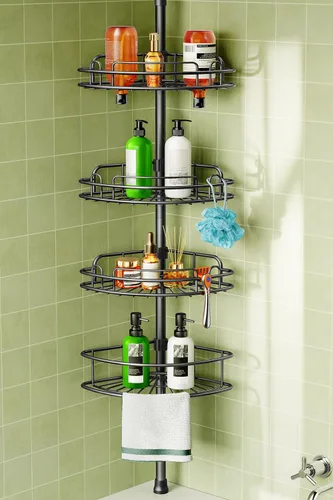Miniatura 8 de HAMITOR Organizador de Ducha de Esquina con Barra de Tensión: Estanterías Ajustables de 4 Niveles Resistente a la Oxidación - 120-206 Cm Instalación