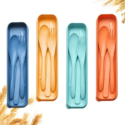 Miniatura 13 de YDYTOP Juego de utensilios de viaje reutilizables con estuche, cuchillo portátil de paja de trigo beige, tenedor, cucharas, vajilla, cubiertos
