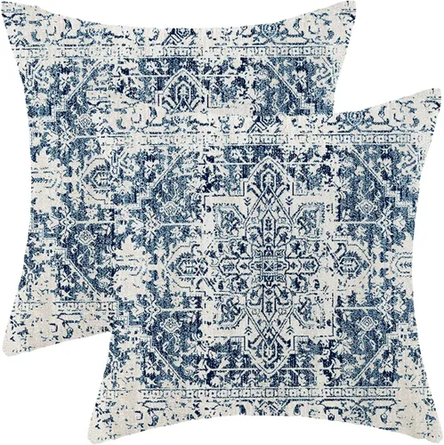 Miniatura 29 de Juego de 2 fundas de almohada bohemias de 20 x 20 pulgadas, fundas de cojín con patrón de alfombra, color amarillo mostaza y azul, diseño étnico