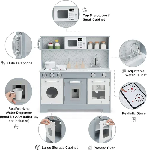 Miniatura 2 de Costzon Juego de Cocina para Niños, Set de Juego de Cocina de Madera de Simulación con Estufa, Refrigerador, Microondas, Fregadero Removible