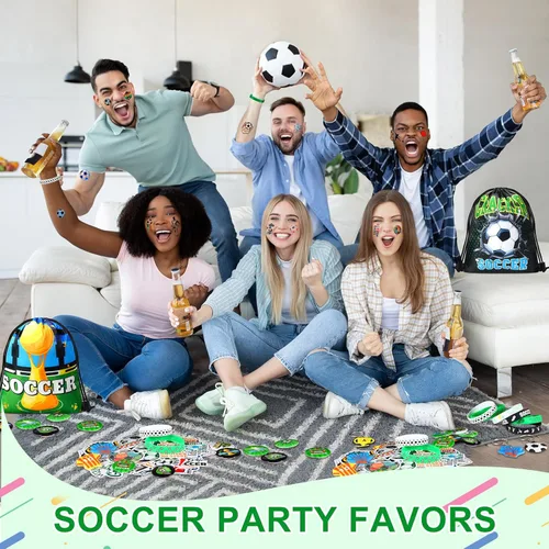 Miniatura 5 de Sadnyy 140 piezas de regalos de fiesta de fútbol, suministros de decoración de fiesta de cumpleaños de fútbol, bolsas con cordón con pulseras