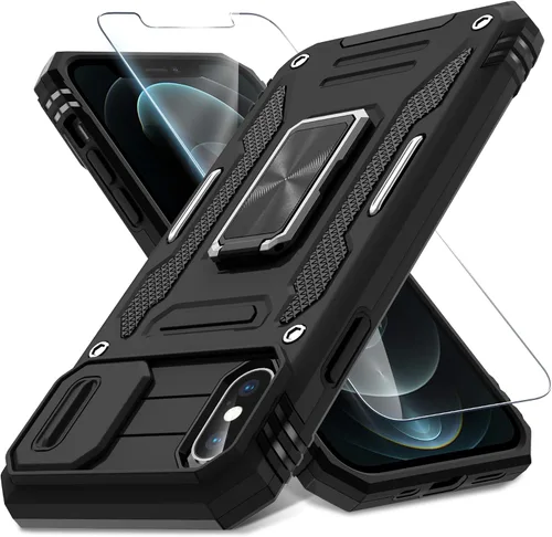 Miniatura 90 de DEERLAMN Funda para iPhone Xs Max con funda deslizante para cámara + protector de pantalla, soporte giratorio de anillo de grado militar a prueba