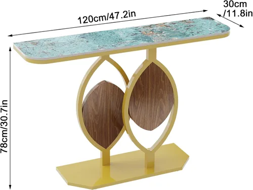 Miniatura 3 de Wisfor Mesa consola de piedra sinterizada: mesa de entrada verde con marco dorado - Lujosa mesa auxiliar de sofá estrecha - Mesa larga para pasillo