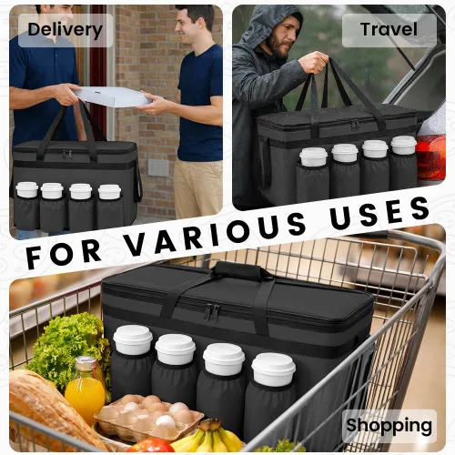 Miniatura 9 de Bolsa aislada para entrega de alimentos con 4 portavasos, bolsas de comestibles XXXL que mantienen los alimentos calientes/fríos, bolsas enfriadoras